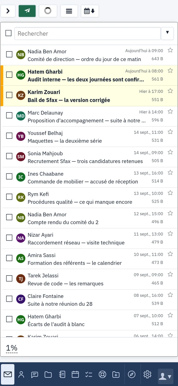The same mailbox on a phone: the list fills the width and the applications form a bottom bar.