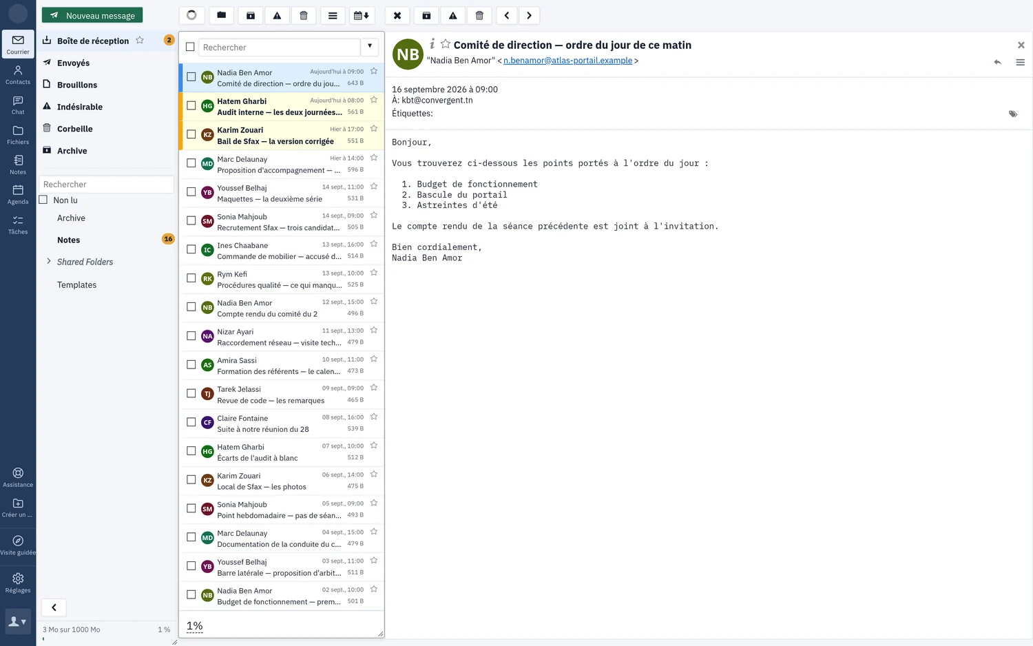 The webmail window: the application bar on the left, the message list in the middle, the open message on the right.
